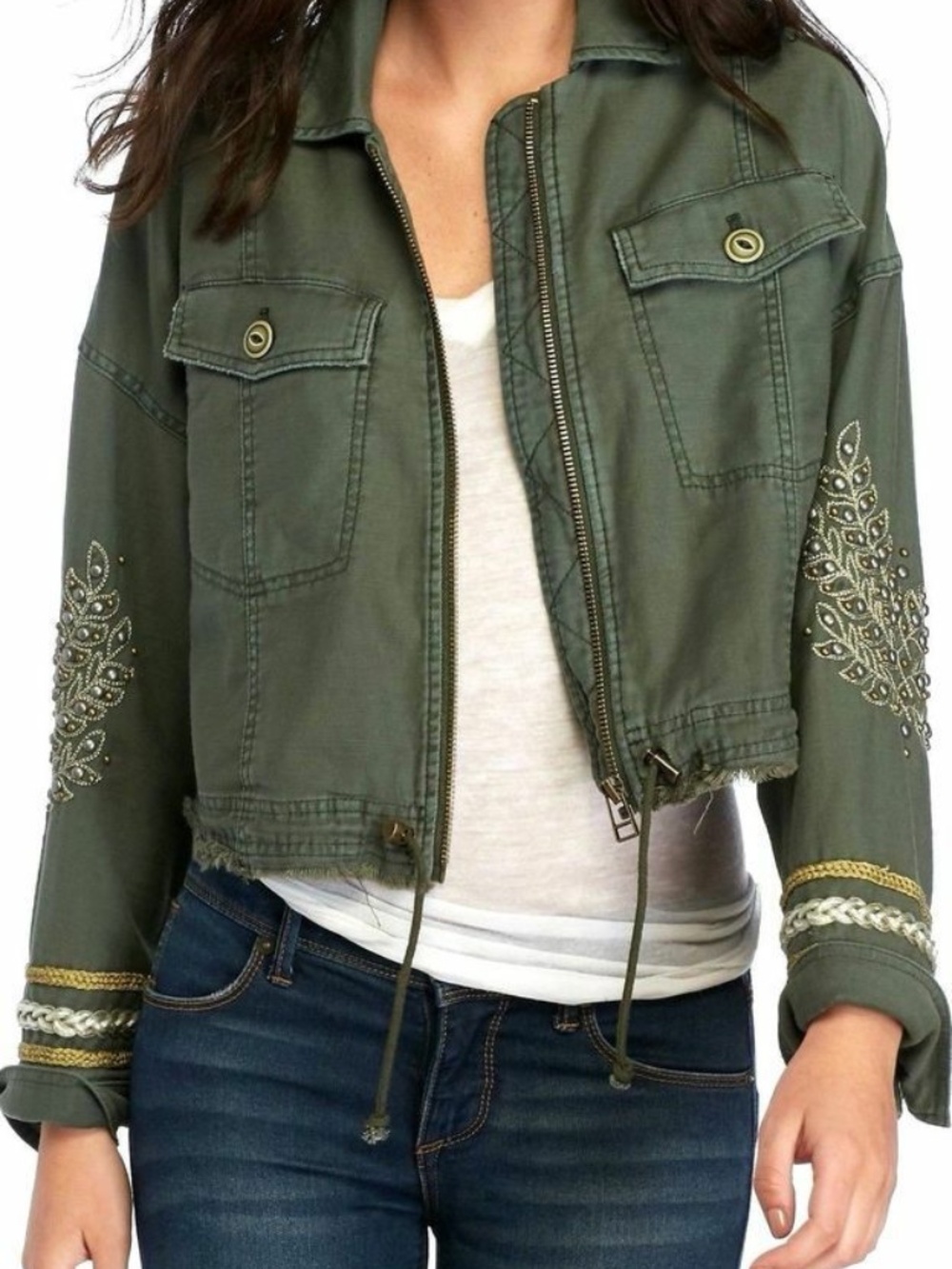 FREE PEOPLE Extreme Cropped Miliary Jacket w/ Studding Det. on Sleeves EUC/sz M